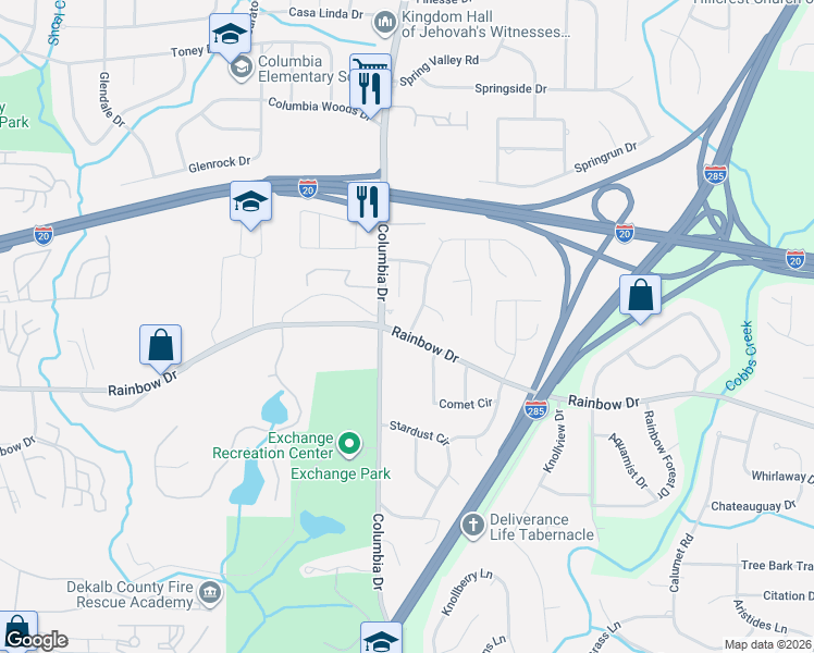 map of restaurants, bars, coffee shops, grocery stores, and more near 2550 Columbia Crossing Court in Decatur