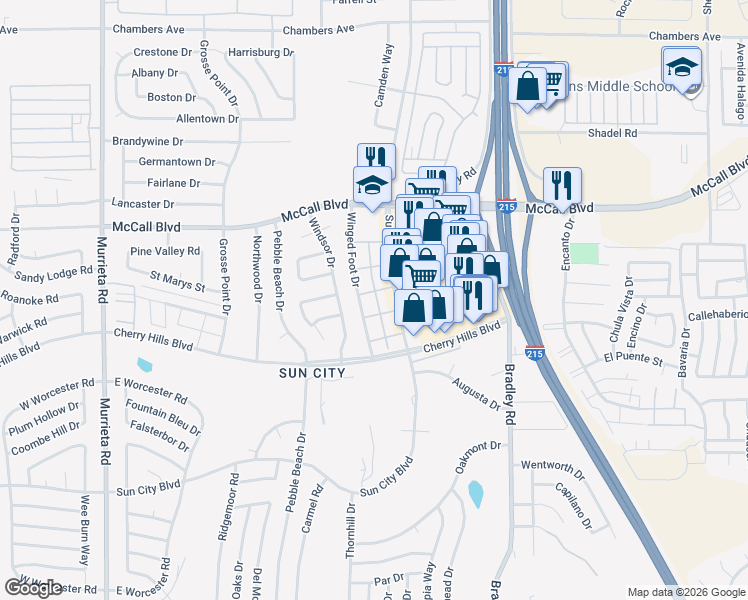 map of restaurants, bars, coffee shops, grocery stores, and more near 28148 Winged Foot Drive in Menifee