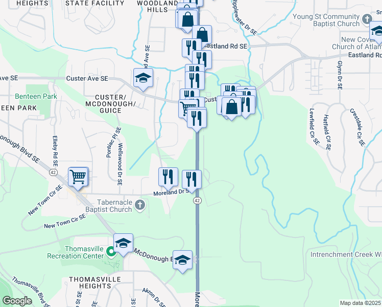 map of restaurants, bars, coffee shops, grocery stores, and more near 1575 Moreland Avenue Southeast in Atlanta