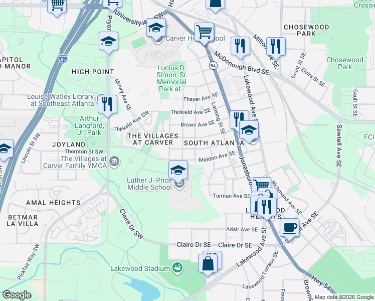 map of restaurants, bars, coffee shops, grocery stores, and more near 82 Moury Avenue Southeast in Atlanta