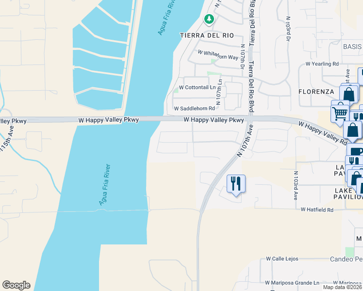 map of restaurants, bars, coffee shops, grocery stores, and more near 10825 West Bronco Trail in Peoria
