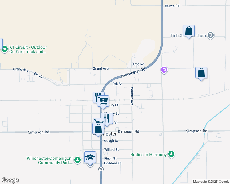 map of restaurants, bars, coffee shops, grocery stores, and more near 33135 9th Street in Winchester