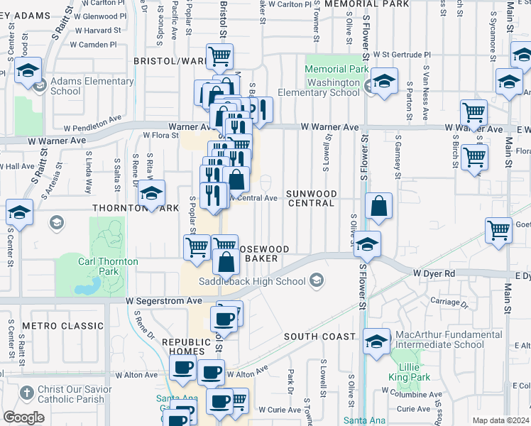 map of restaurants, bars, coffee shops, grocery stores, and more near 2502 South Shelton Street in Santa Ana