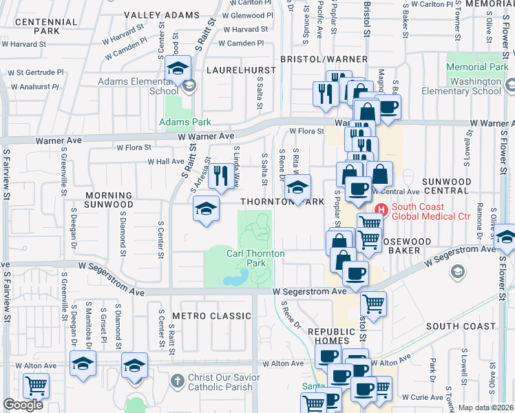 map of restaurants, bars, coffee shops, grocery stores, and more near 1801 West Adams Street in Santa Ana