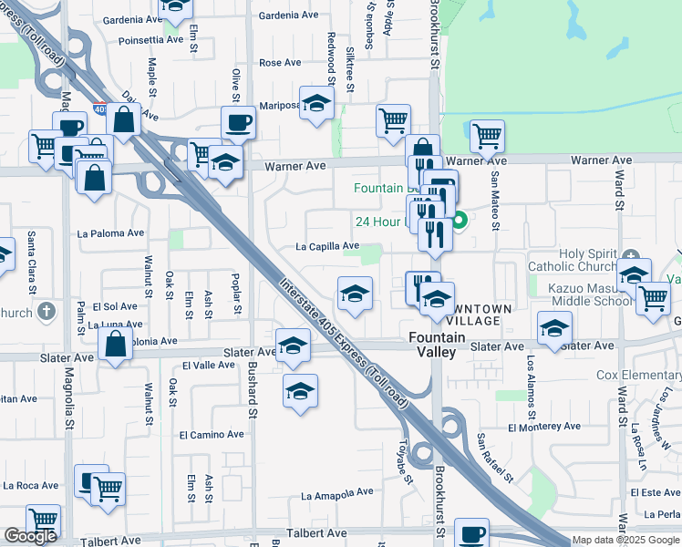 map of restaurants, bars, coffee shops, grocery stores, and more near 9765 El Portal Circle in Fountain Valley