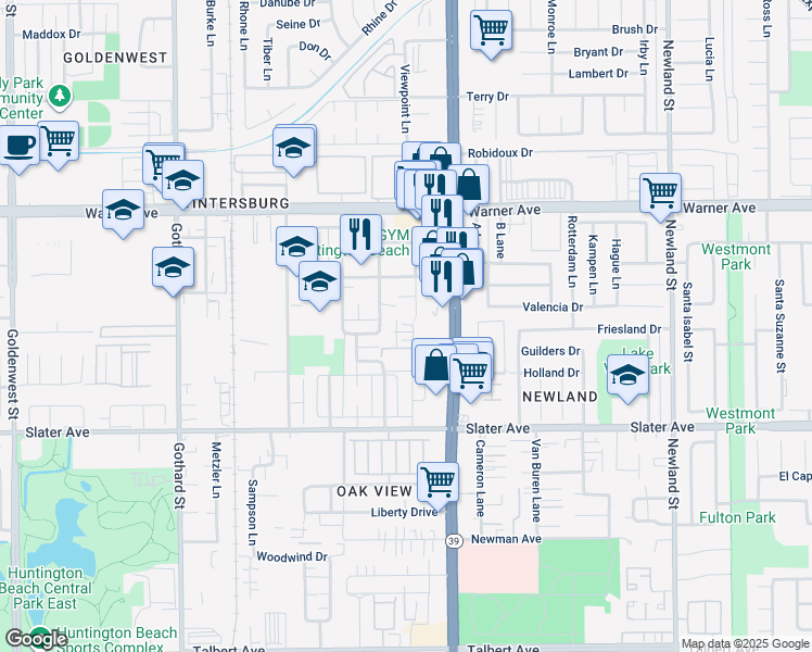 map of restaurants, bars, coffee shops, grocery stores, and more near 17216 Ash Lane in Huntington Beach