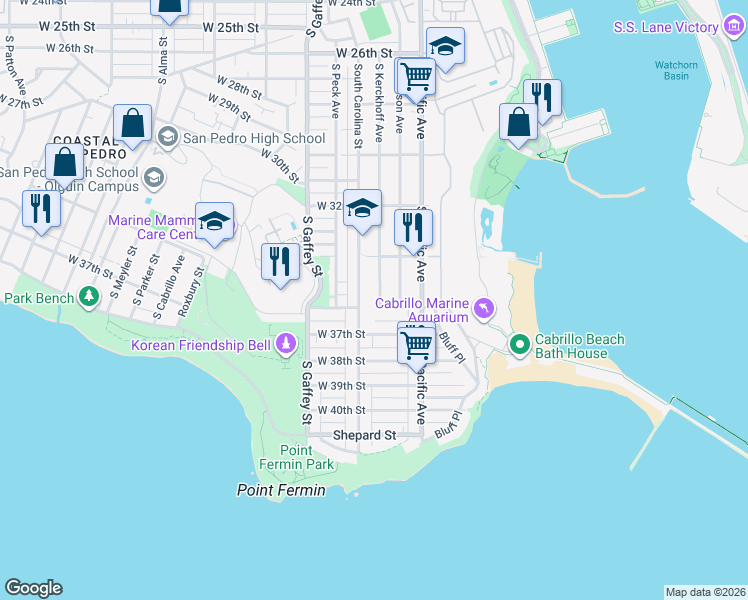 map of restaurants, bars, coffee shops, grocery stores, and more near 3441 South Kerckhoff Avenue in Los Angeles