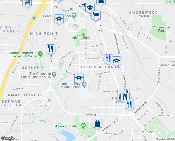 map of restaurants, bars, coffee shops, grocery stores, and more near 82 Moury Avenue Southeast in Atlanta