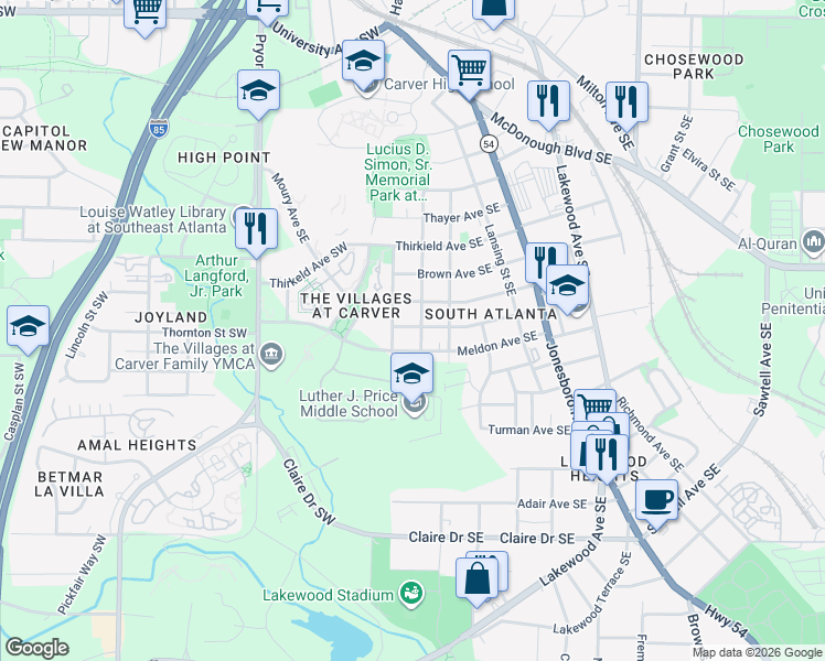 map of restaurants, bars, coffee shops, grocery stores, and more near 134 Park Avenue Southeast in Atlanta