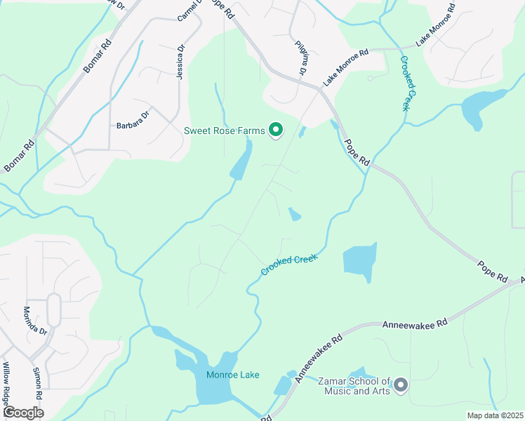 map of restaurants, bars, coffee shops, grocery stores, and more near 3436 Lake Monroe Road in Douglasville