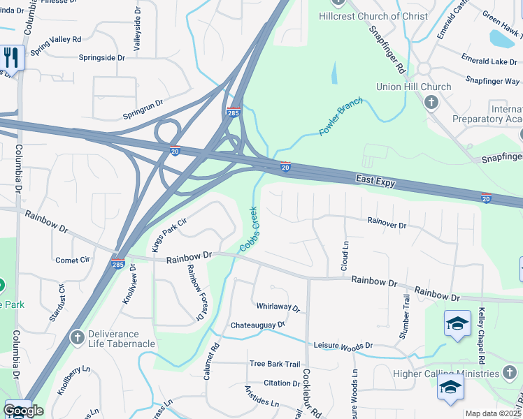 map of restaurants, bars, coffee shops, grocery stores, and more near 3705 Rainover Drive in Decatur
