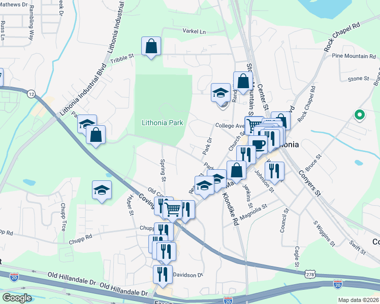 map of restaurants, bars, coffee shops, grocery stores, and more near 2532 Albert Way in Lithonia