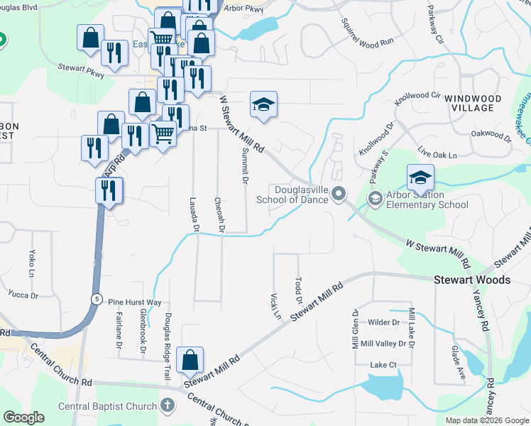 map of restaurants, bars, coffee shops, grocery stores, and more near 3919 Summit Drive in Douglasville