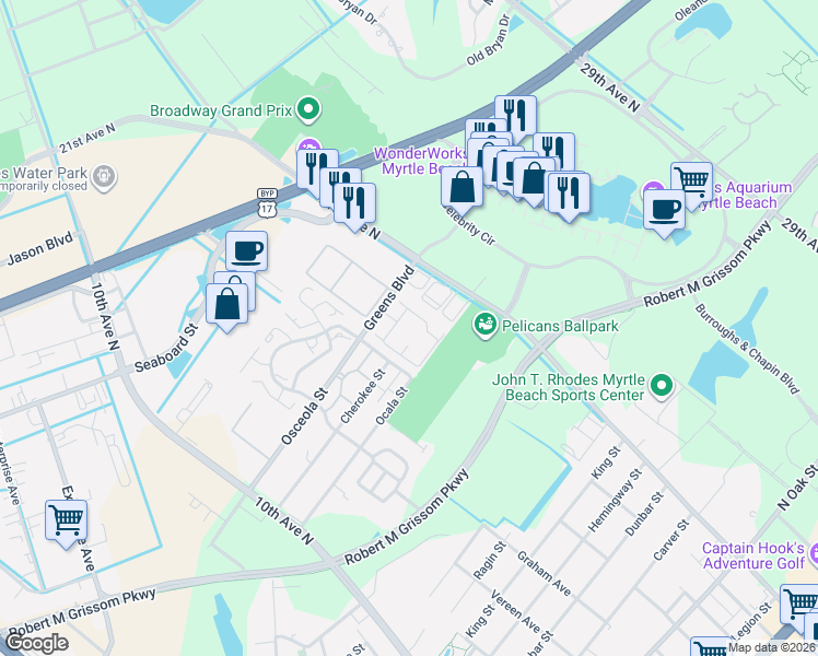 map of restaurants, bars, coffee shops, grocery stores, and more near 200 Green Bay Circle in Myrtle Beach