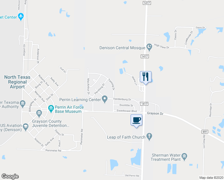 map of restaurants, bars, coffee shops, grocery stores, and more near 101 Twining Drive in Denison