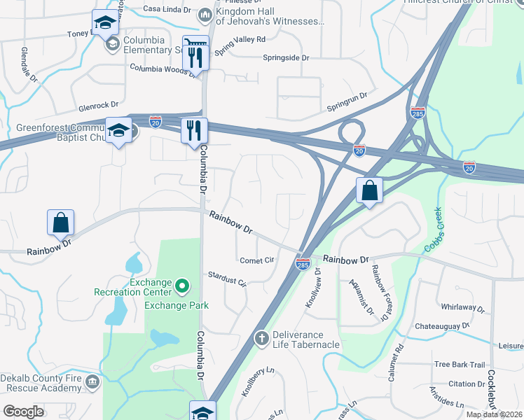 map of restaurants, bars, coffee shops, grocery stores, and more near 2574 Greenville Way in Decatur