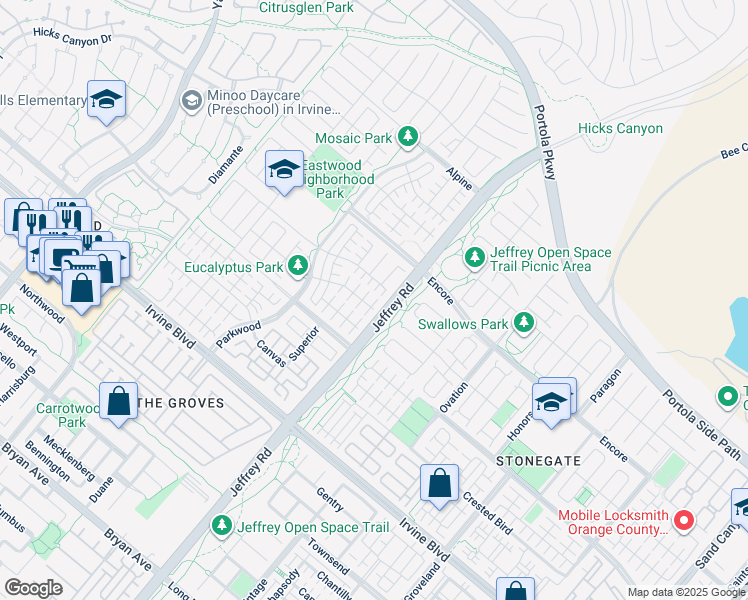 map of restaurants, bars, coffee shops, grocery stores, and more near 59 Decker in Irvine