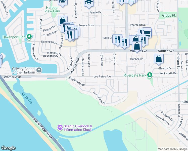 map of restaurants, bars, coffee shops, grocery stores, and more near 4651 Los Patos Avenue in Huntington Beach