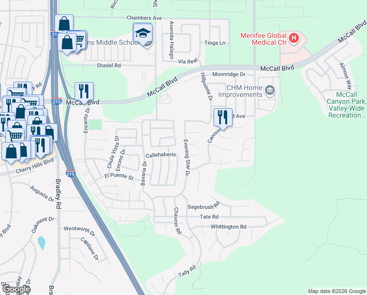 map of restaurants, bars, coffee shops, grocery stores, and more near 28161 Evening Star Drive in Menifee