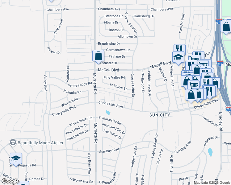 map of restaurants, bars, coffee shops, grocery stores, and more near 26121 Saint Marys Street in Menifee