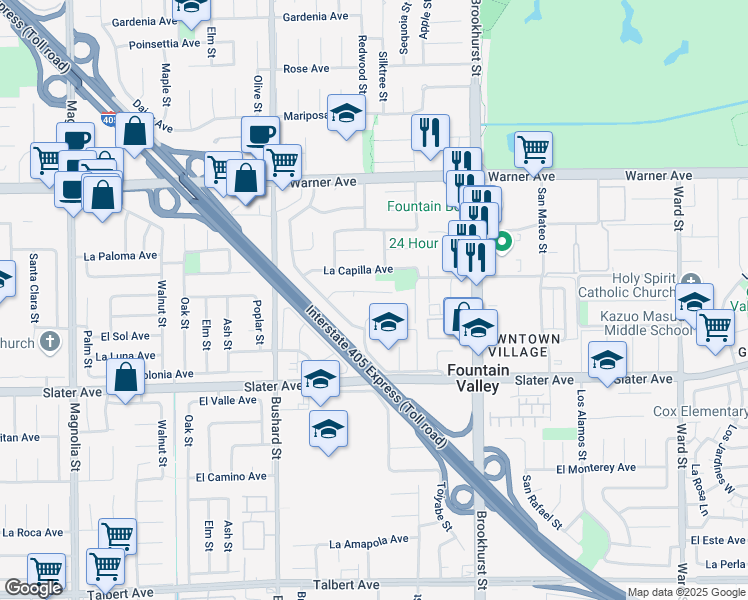 map of restaurants, bars, coffee shops, grocery stores, and more near 9765 El Portal Circle in Fountain Valley