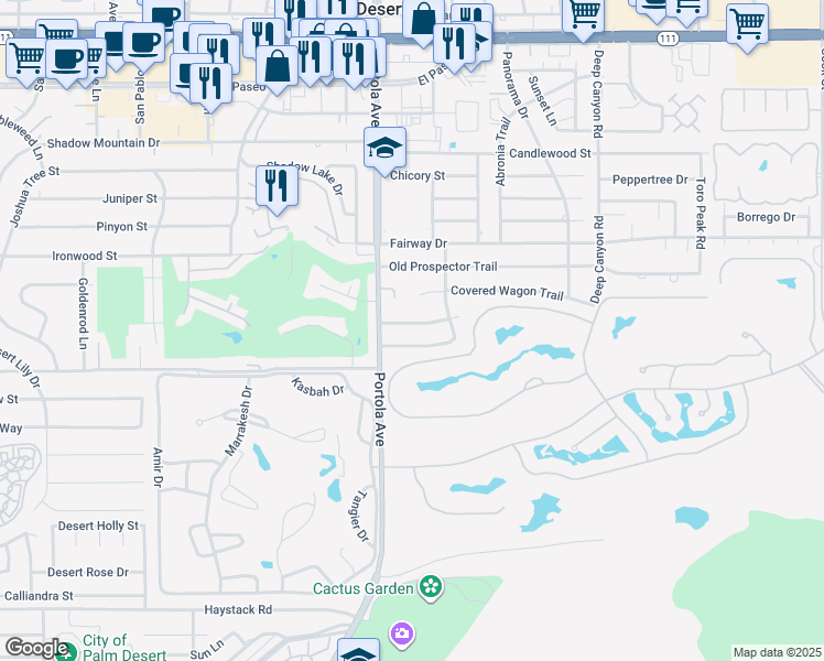 map of restaurants, bars, coffee shops, grocery stores, and more near 74075 Setting Sun Trail in Palm Desert