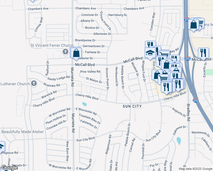 map of restaurants, bars, coffee shops, grocery stores, and more near 26297 Saint Marys Street in Menifee