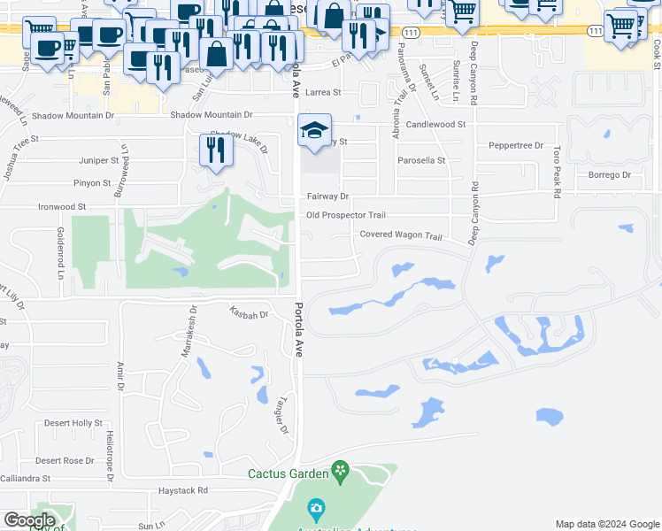 map of restaurants, bars, coffee shops, grocery stores, and more near 74085 Setting Sun Trail in Palm Desert