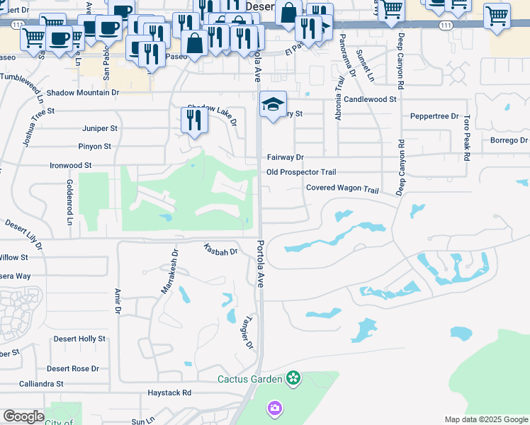 map of restaurants, bars, coffee shops, grocery stores, and more near 74025 Setting Sun Trail in Palm Desert