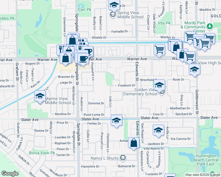 map of restaurants, bars, coffee shops, grocery stores, and more near 17421 Lido Lane in Huntington Beach