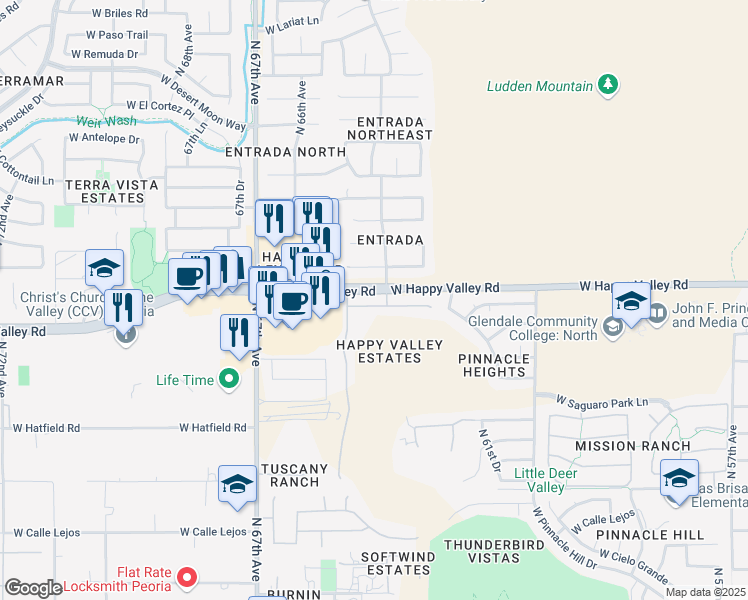 map of restaurants, bars, coffee shops, grocery stores, and more near 6414 West Villa Linda Drive in Glendale