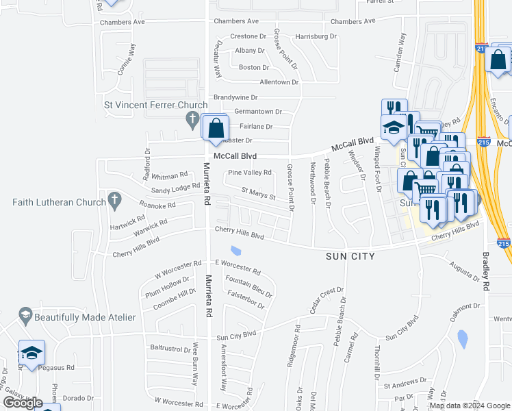 map of restaurants, bars, coffee shops, grocery stores, and more near 26180 Birkdale Road in Menifee