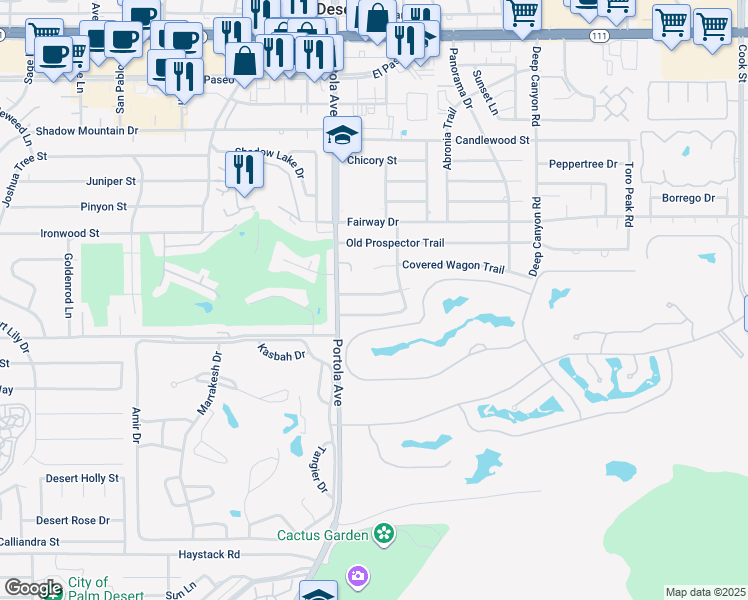 map of restaurants, bars, coffee shops, grocery stores, and more near 74085 Setting Sun Trail in Palm Desert