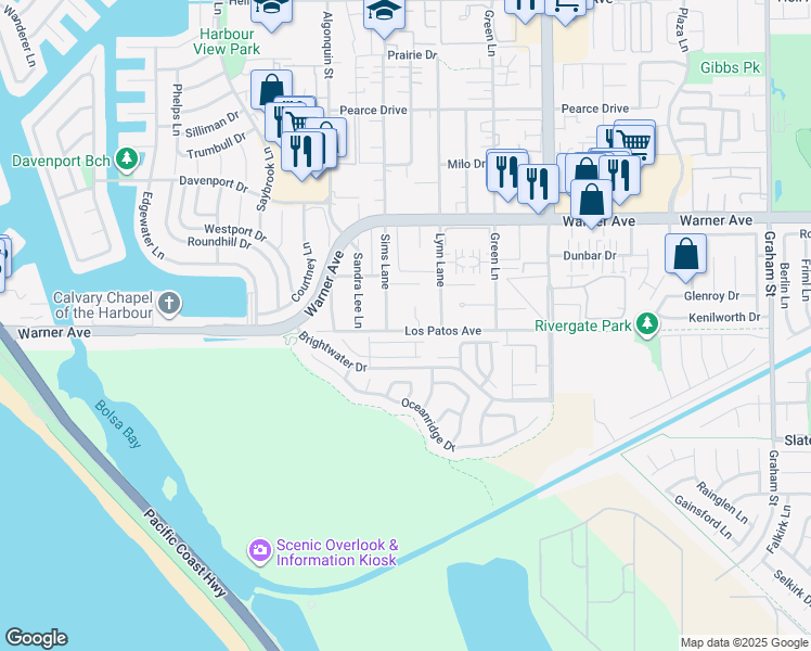 map of restaurants, bars, coffee shops, grocery stores, and more near 4651 Los Patos Avenue in Huntington Beach