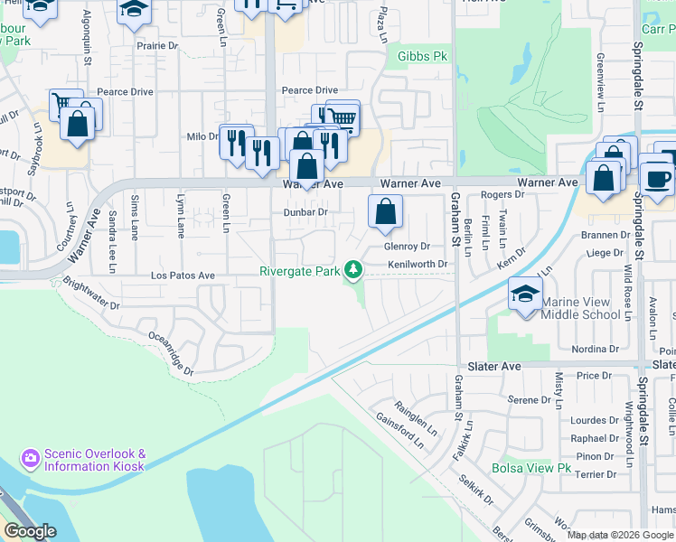 map of restaurants, bars, coffee shops, grocery stores, and more near 5176 Tortuga Drive in Huntington Beach