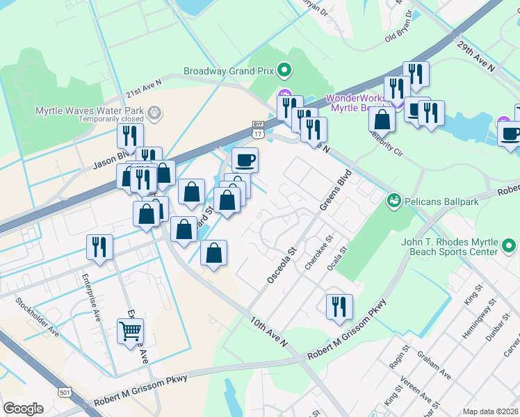 map of restaurants, bars, coffee shops, grocery stores, and more near 517 38th ave in Myrtle Beach