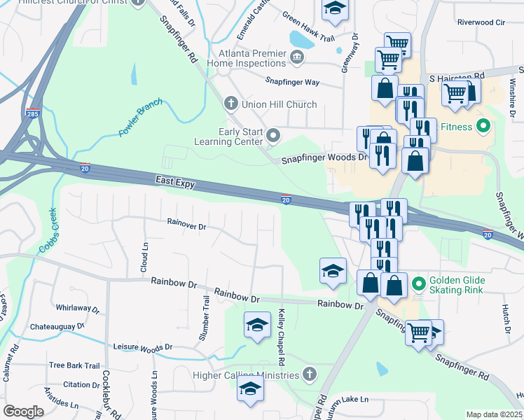map of restaurants, bars, coffee shops, grocery stores, and more near 2578 Shadowbrook Drive in Decatur