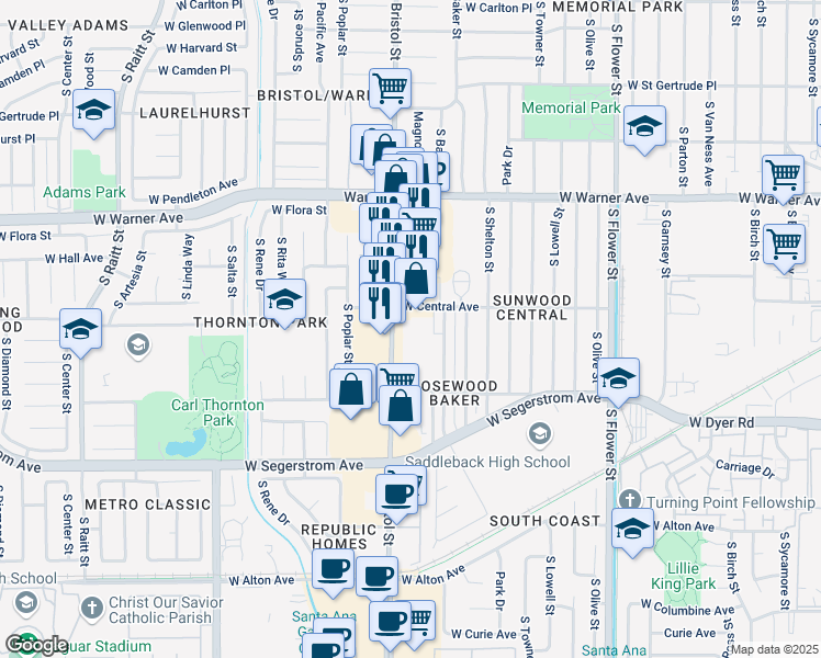 map of restaurants, bars, coffee shops, grocery stores, and more near 2603 South Bristol Street in Santa Ana