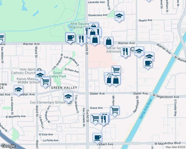map of restaurants, bars, coffee shops, grocery stores, and more near 17300 Euclid Street in Fountain Valley
