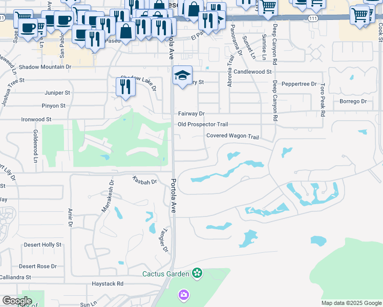 map of restaurants, bars, coffee shops, grocery stores, and more near 74130 Setting Sun Trail in Palm Desert