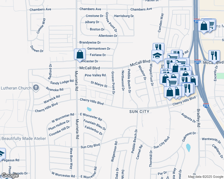 map of restaurants, bars, coffee shops, grocery stores, and more near 26297 Saint Marys Street in Menifee