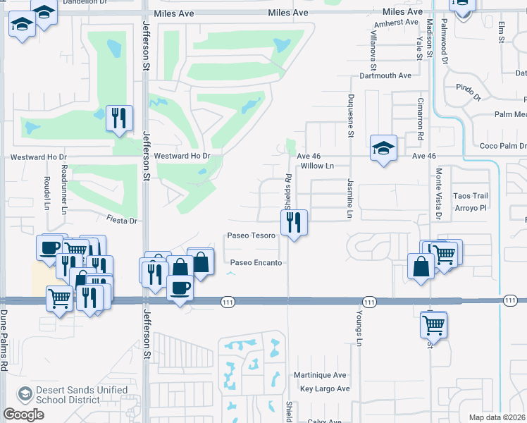 map of restaurants, bars, coffee shops, grocery stores, and more near 80409 Windsong Way in Indio