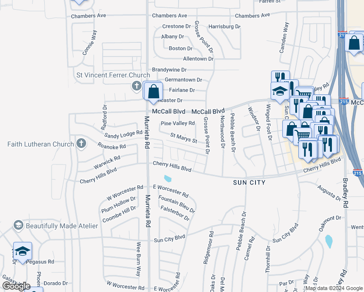 map of restaurants, bars, coffee shops, grocery stores, and more near 26180 Birkdale Road in Menifee