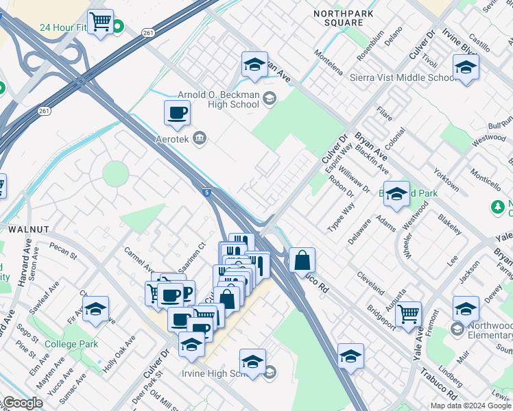 map of restaurants, bars, coffee shops, grocery stores, and more near 22 New Season in Irvine