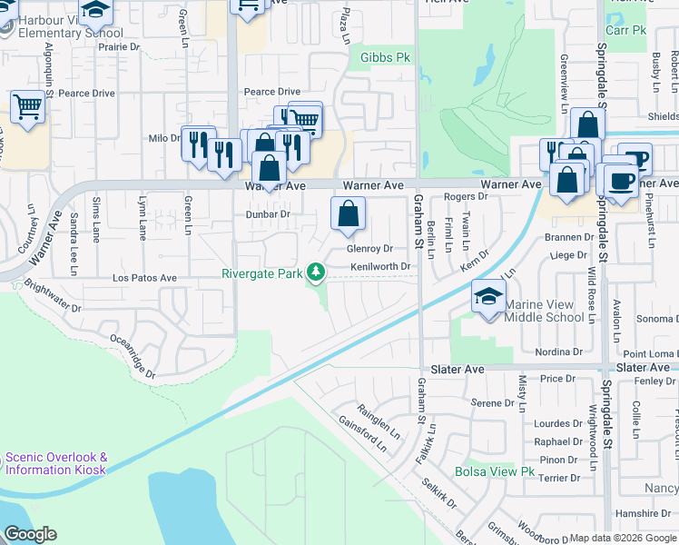 map of restaurants, bars, coffee shops, grocery stores, and more near 5262 Kenilworth Drive in Huntington Beach