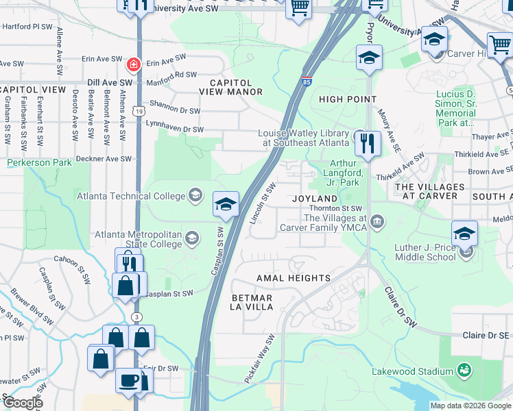 map of restaurants, bars, coffee shops, grocery stores, and more near 353 Lincoln Street Southwest in Atlanta