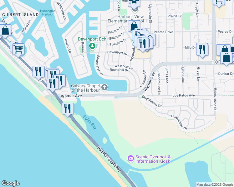 map of restaurants, bars, coffee shops, grocery stores, and more near 4165 Warner Avenue in Huntington Beach