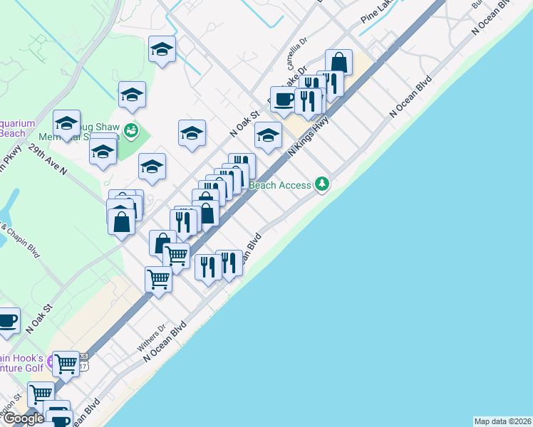 map of restaurants, bars, coffee shops, grocery stores, and more near 405 35th Avenue North in Myrtle Beach