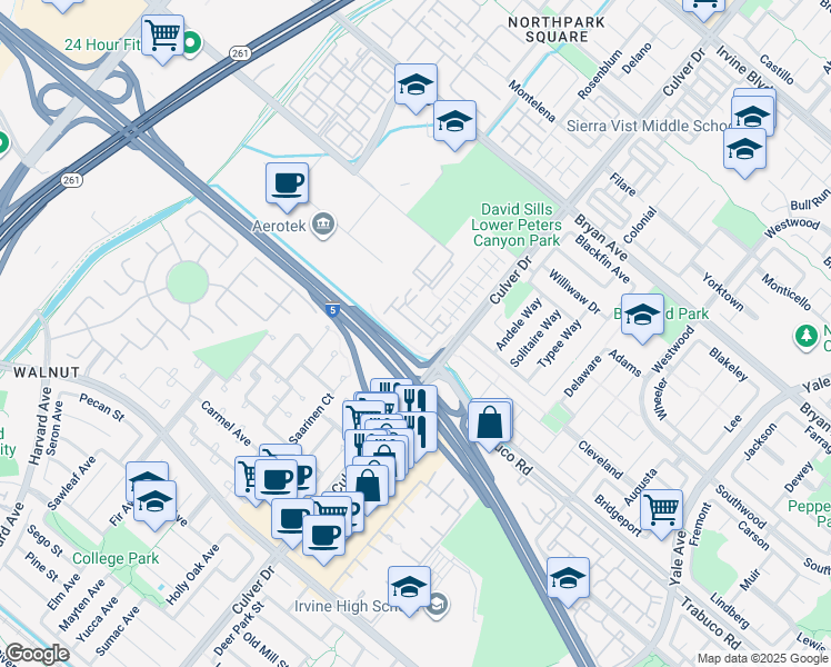 map of restaurants, bars, coffee shops, grocery stores, and more near 22 New Season in Irvine