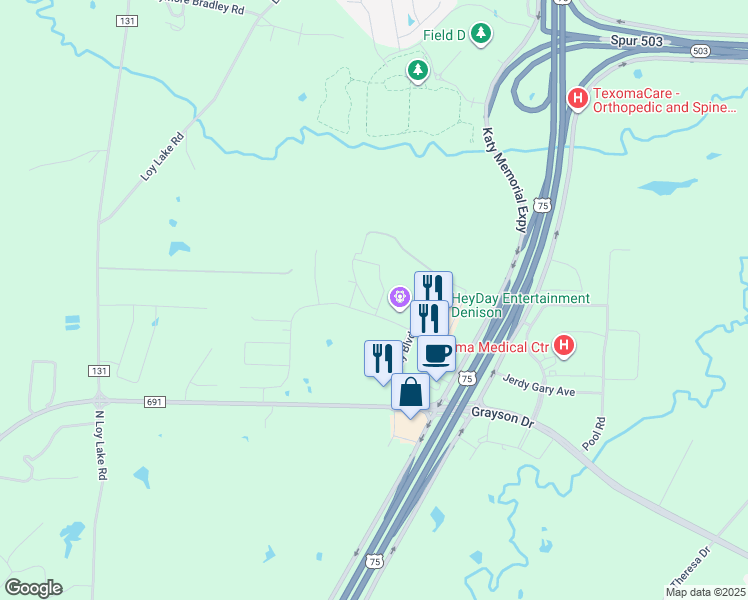 map of restaurants, bars, coffee shops, grocery stores, and more near 3415 Southbend Drive in Denison